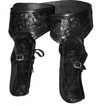 38/357 Caliber Handmade Black Double Hand Tooled Leather Gun Holster with Belt