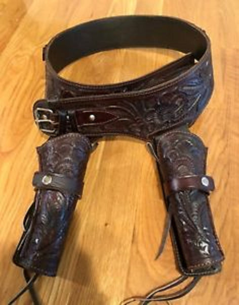 22 Caliber Handmade Brown Double Hand Tooled Leather Gun Holster with Belt
